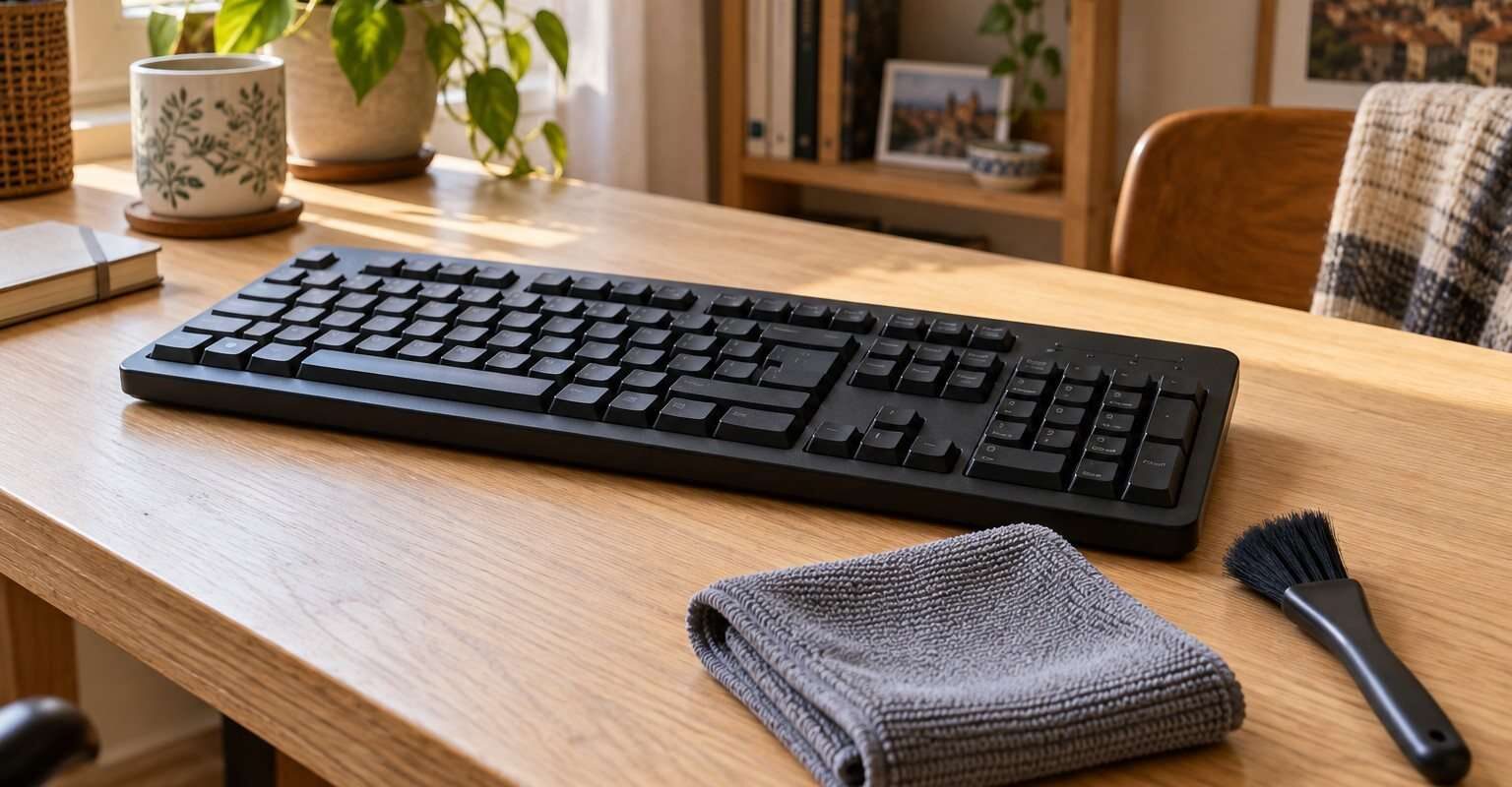 Teclado negro sobre un escritorio con un paño de microfibra y una brocha