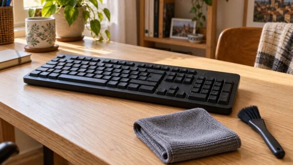 Teclado negro sobre un escritorio con un paño de microfibra y una brocha
