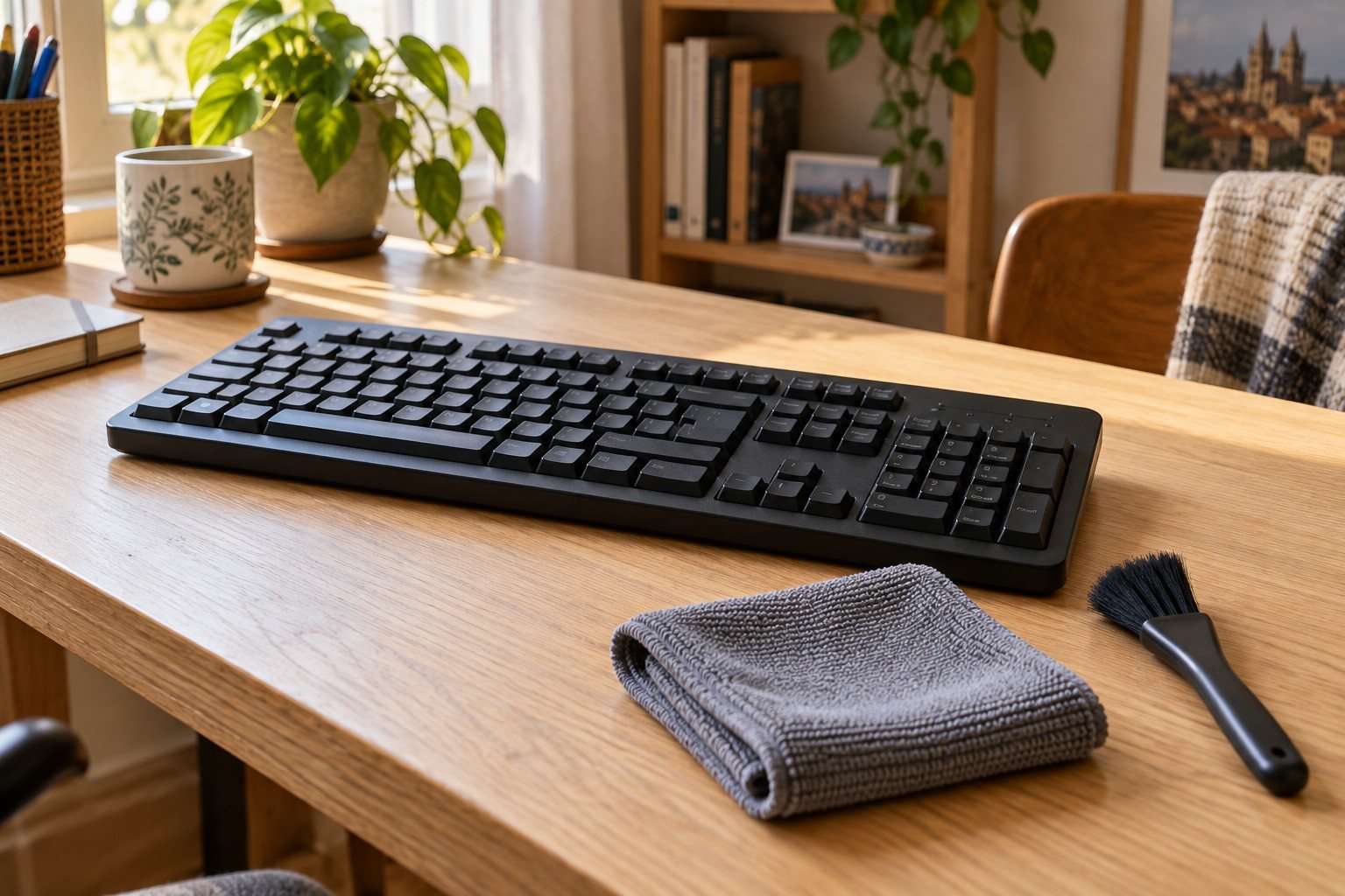 Teclado negro sobre un escritorio con un paño de microfibra y una brocha