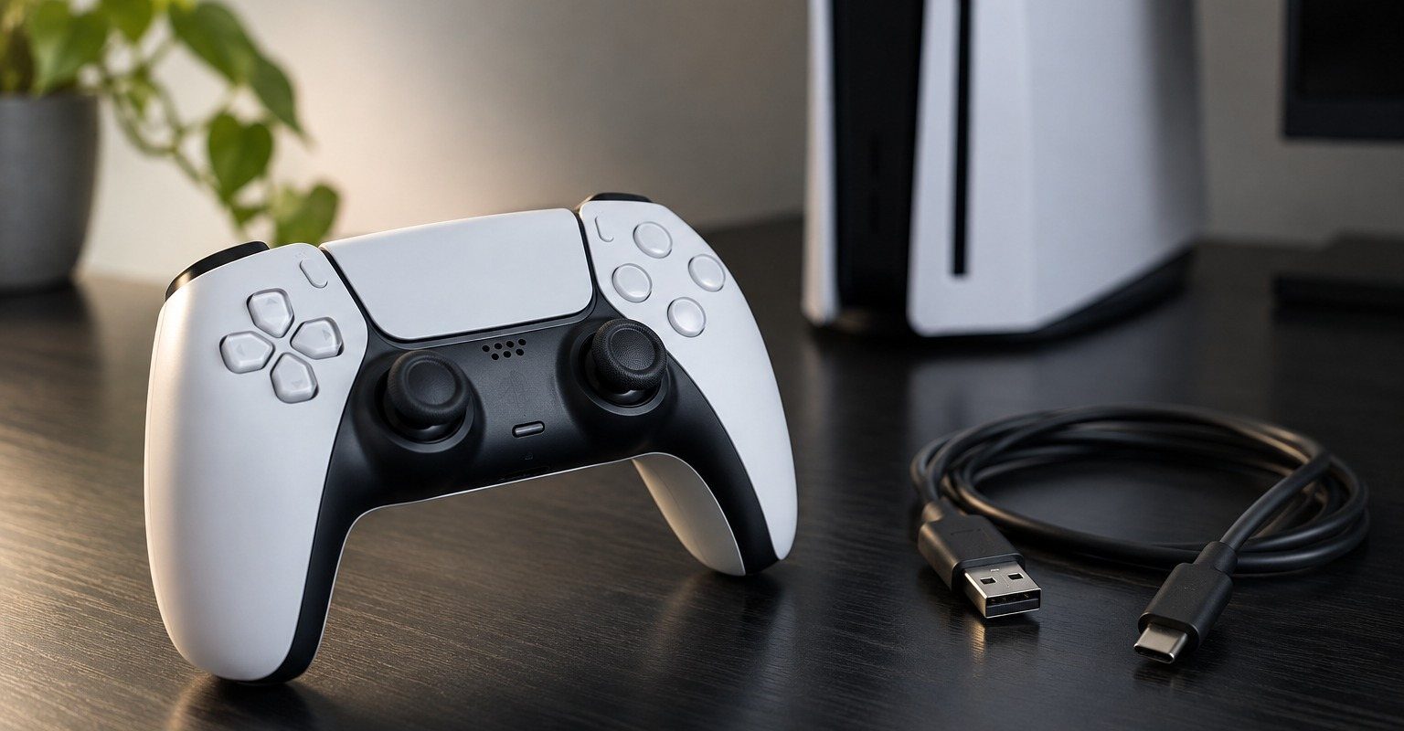 Mando blanco y negro sobre una mesa con un cable USB desconectado y una consola al fondo.