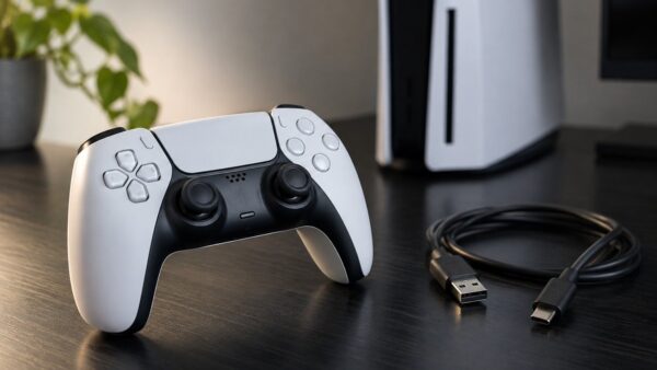 Mando blanco y negro sobre una mesa con un cable USB desconectado y una consola al fondo.