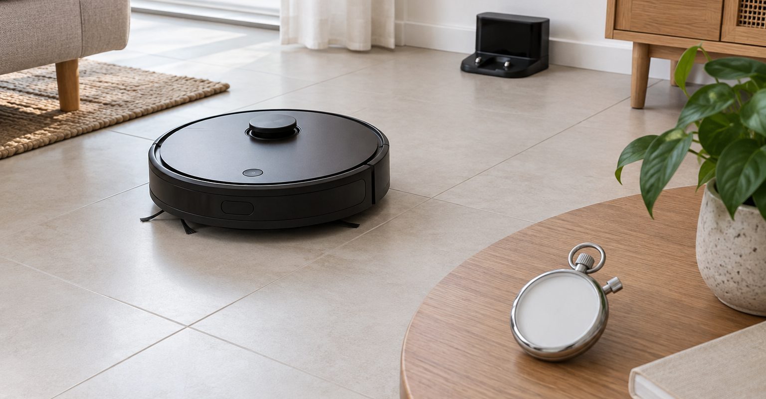 Robot aspirador detenido sobre un suelo despejado con la base al fondo y un cronómetro sin marcas sobre una mesa