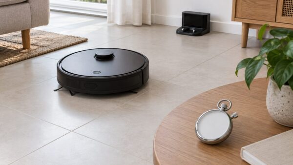 Robot aspirador detenido sobre un suelo despejado con la base al fondo y un cronómetro sin marcas sobre una mesa
